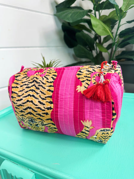Pink Stripe Tiger Print Quilted Makeup Cosmetics Toiletry Bag