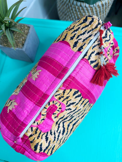 Pink Stripe Tiger Print Quilted Makeup Cosmetics Toiletry Bag