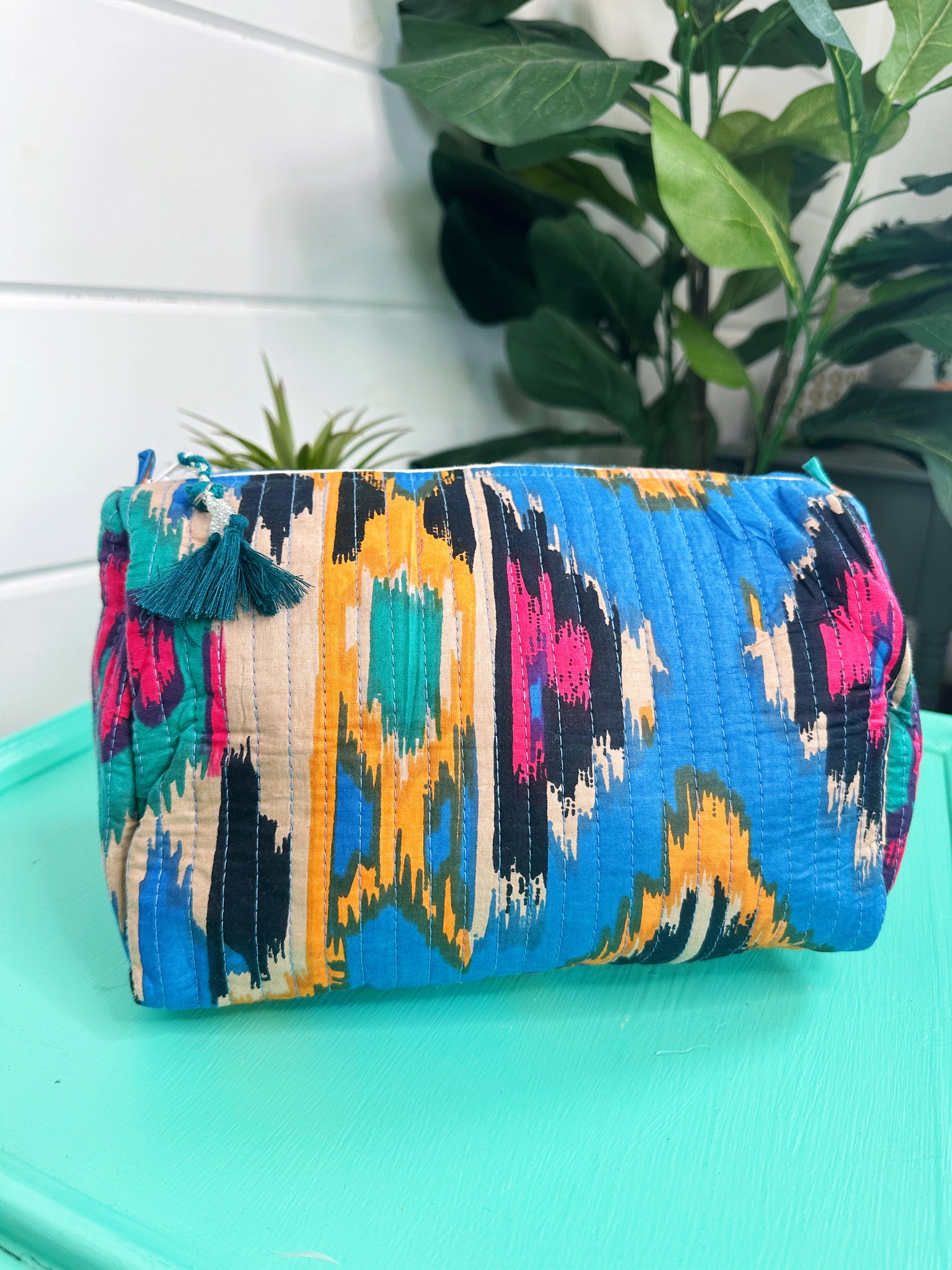 Blue Ikat Print Quilted Makeup Cosmetics Toiletry Bag