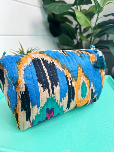 Blue Ikat Print Quilted Makeup Cosmetics Toiletry Bag