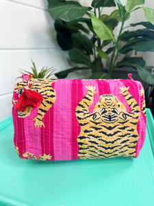 Pink Stripe Tiger Print Quilted Makeup Cosmetics Toiletry Bag