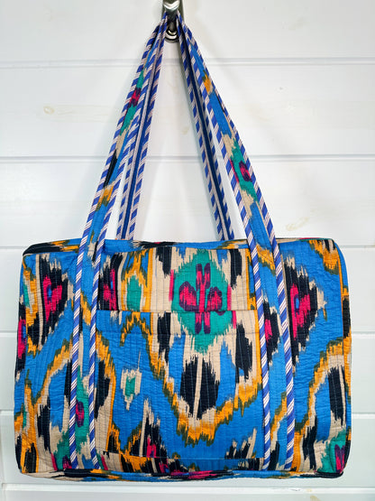 Blue Southwest Ikat Print Quilted Weekender Overnight Bag