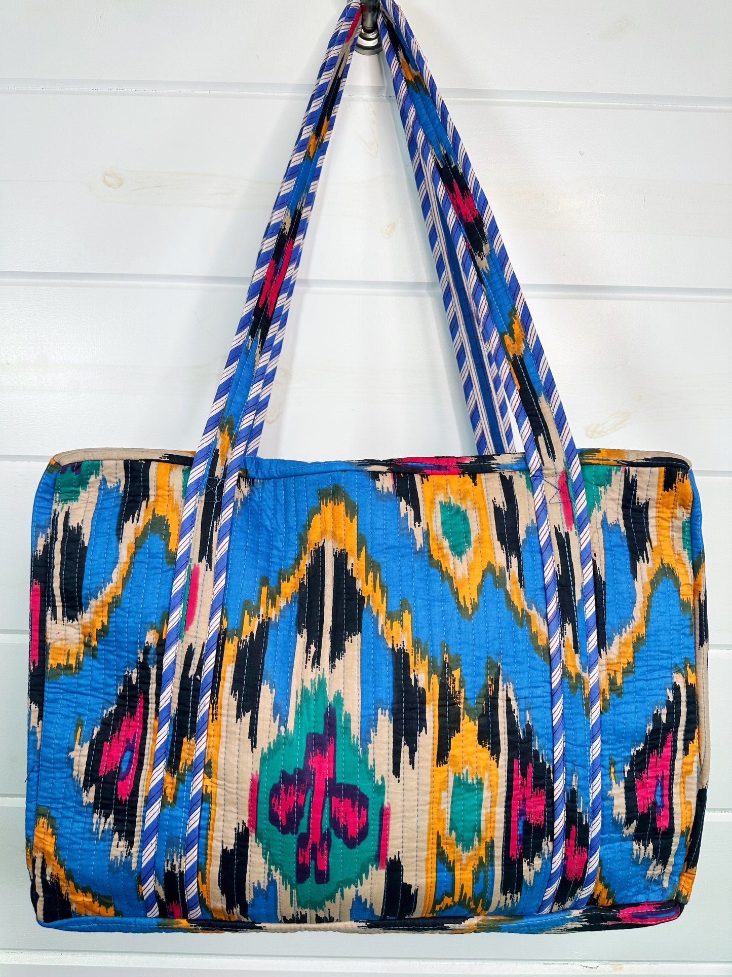 Blue Southwest Ikat Print Quilted Weekender Overnight Bag