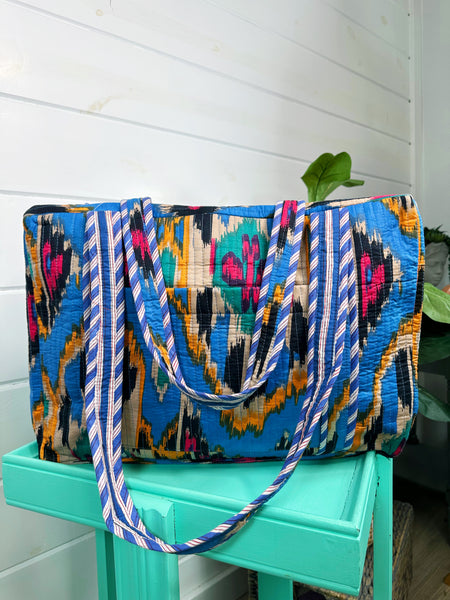 Blue Southwest Ikat Print Quilted Weekender Overnight Bag