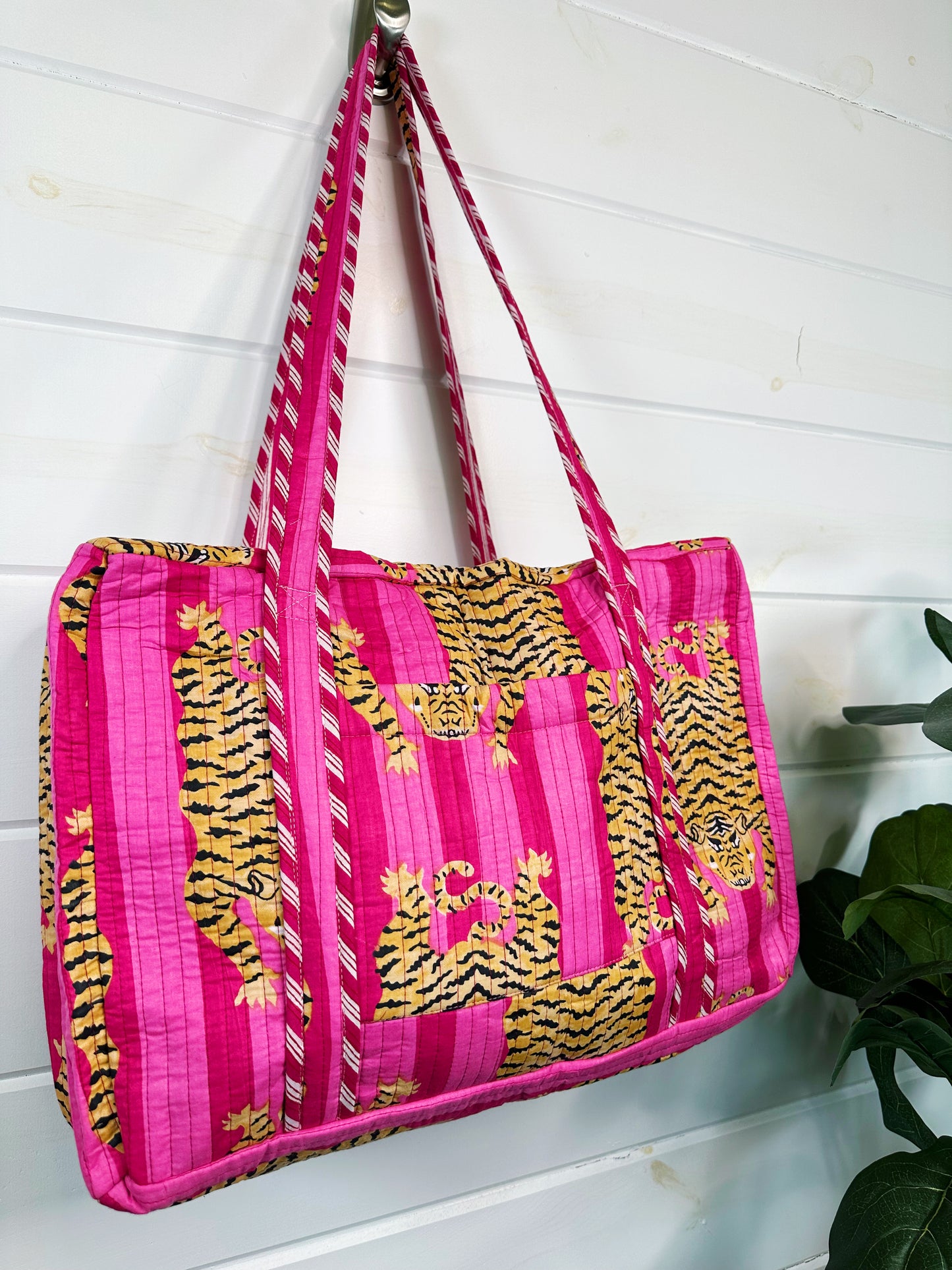 Pink Stripes Tiger Print Quilted Weekender Overnight Bag