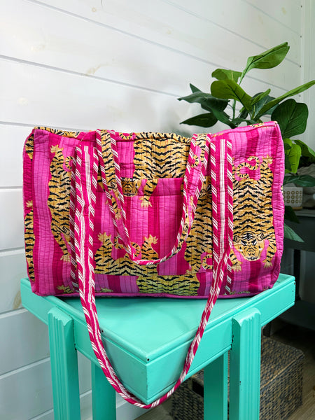 Pink Stripes Tiger Print Quilted Weekender Overnight Bag