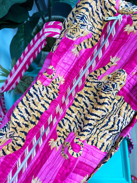 Pink Stripes Tiger Print Quilted Weekender Overnight Bag