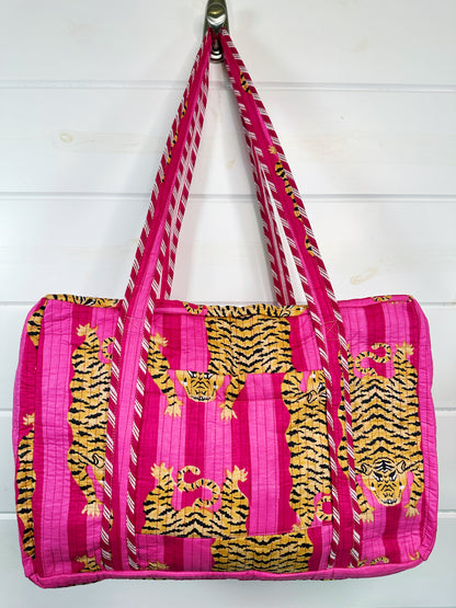 Pink Stripes Tiger Print Quilted Weekender Overnight Bag