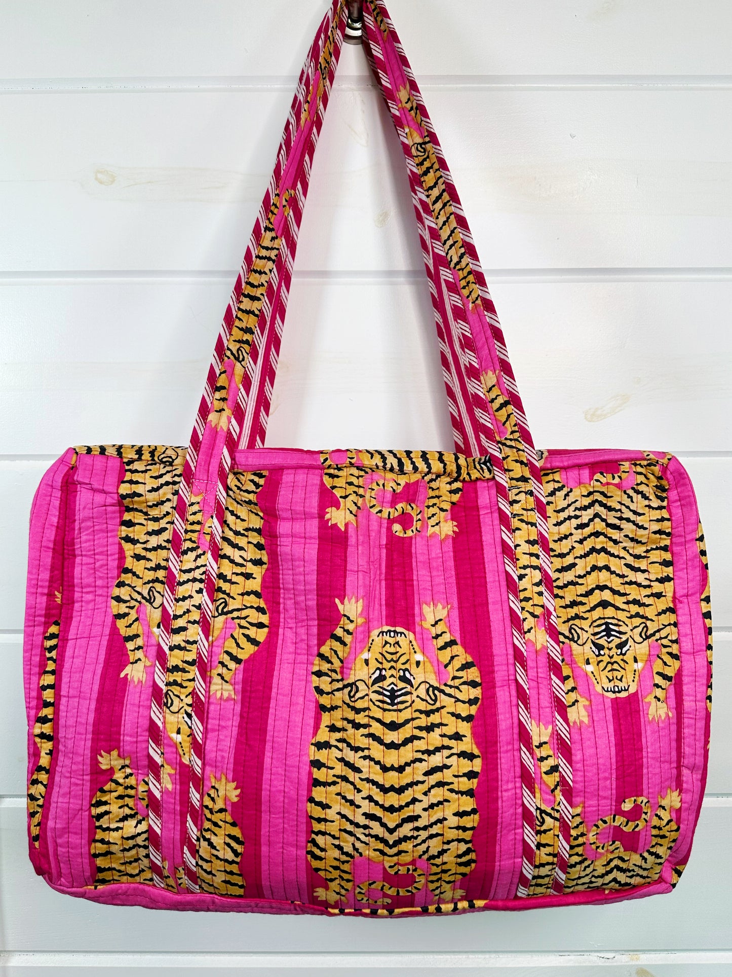 Pink Stripes Tiger Print Quilted Weekender Overnight Bag