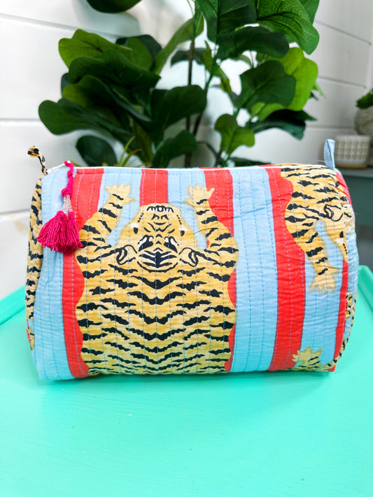 Tiger Print with Blue and Tomato Stripes Quilted Makeup Cosmetics Toiletry Bag