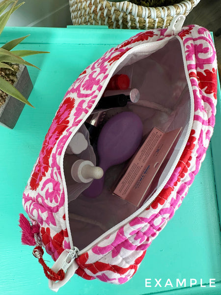 Purple Floral Print Quilted Makeup Cosmetics Toiletry Bag