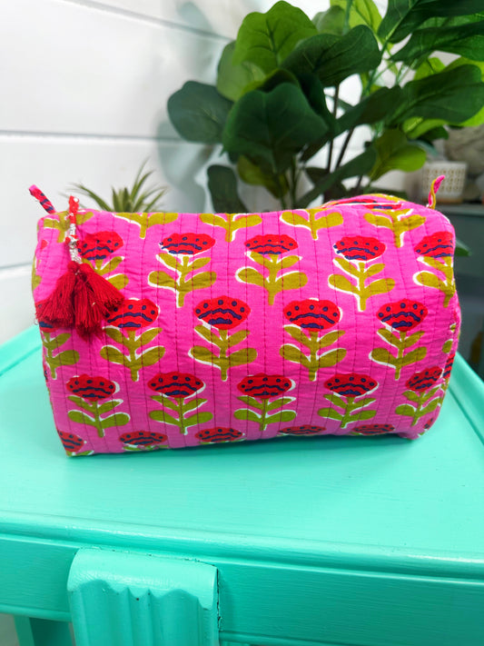 Hot Pink and Red Floral Print Quilted Makeup Cosmetics Toiletry Bag