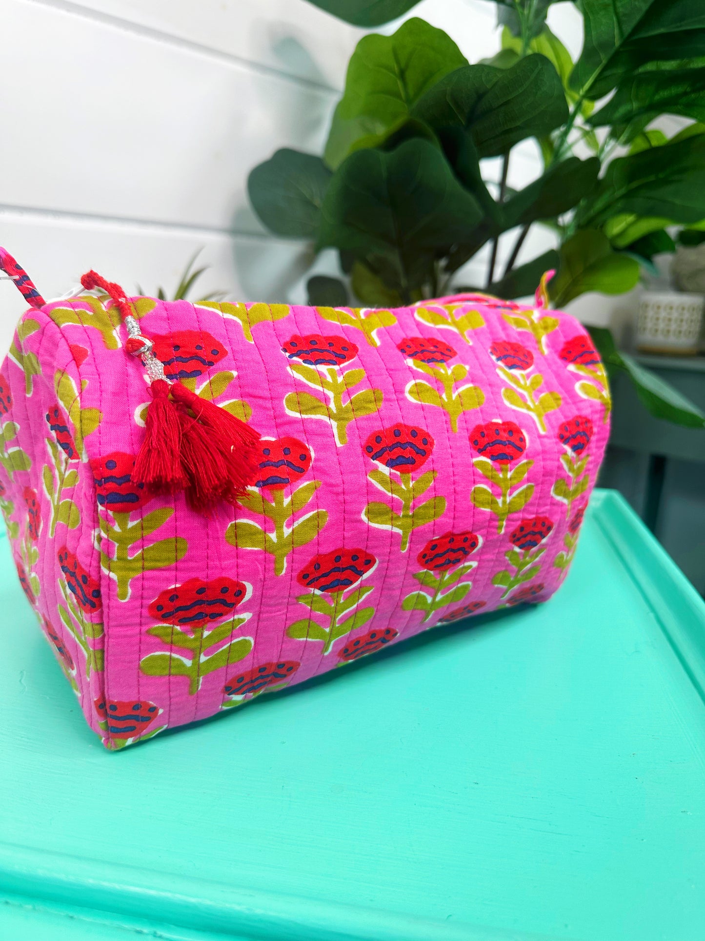 Hot Pink and Red Floral Print Quilted Makeup Cosmetics Toiletry Bag