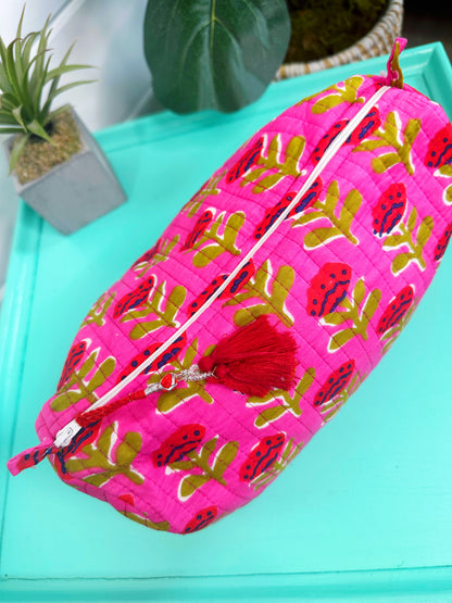 Hot Pink and Red Floral Print Quilted Makeup Cosmetics Toiletry Bag