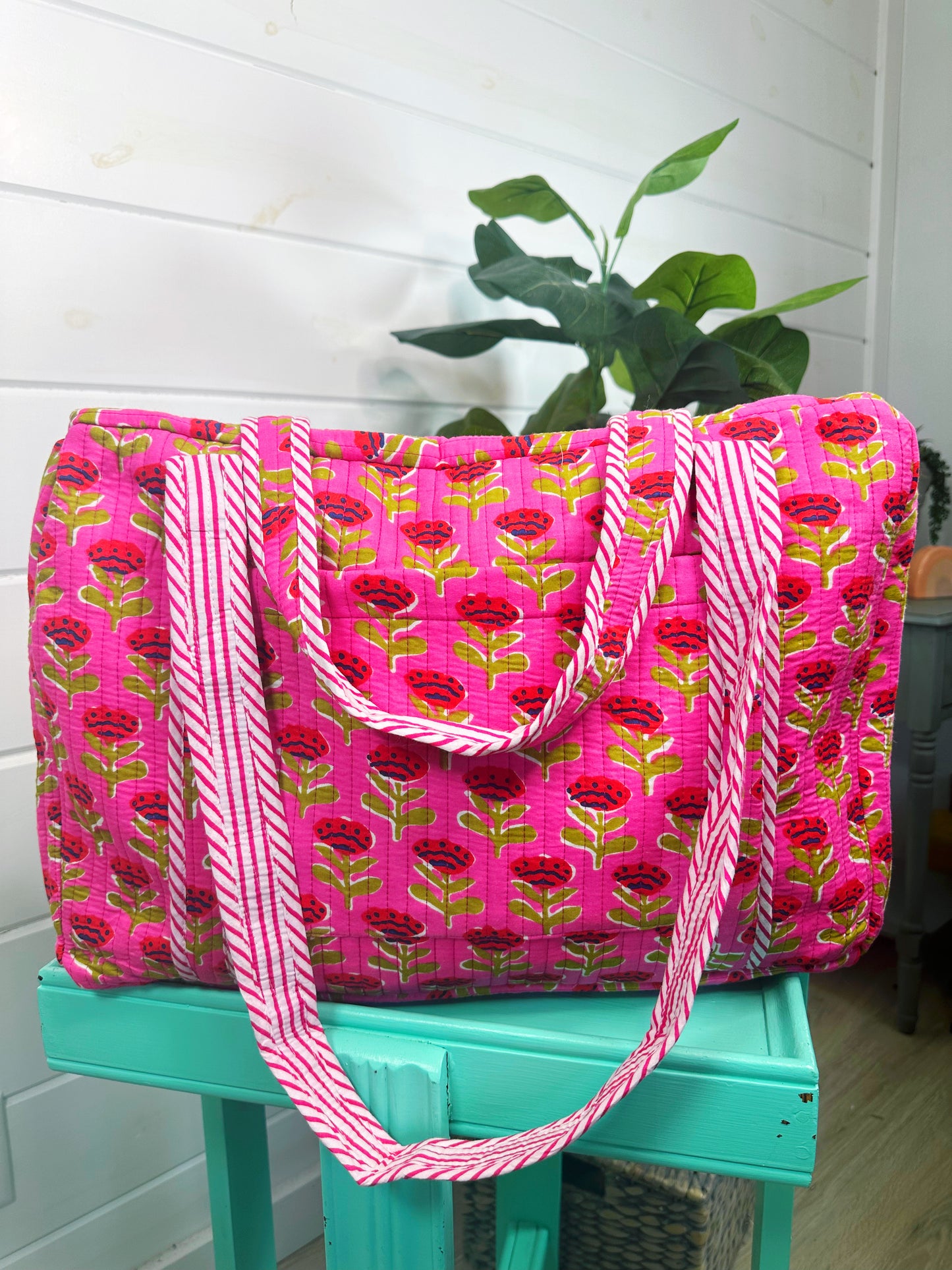 Hot Pink and Red Floral Print Quilted Weekender Overnight Bag