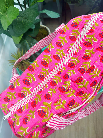 Hot Pink and Red Floral Print Quilted Weekender Overnight Bag