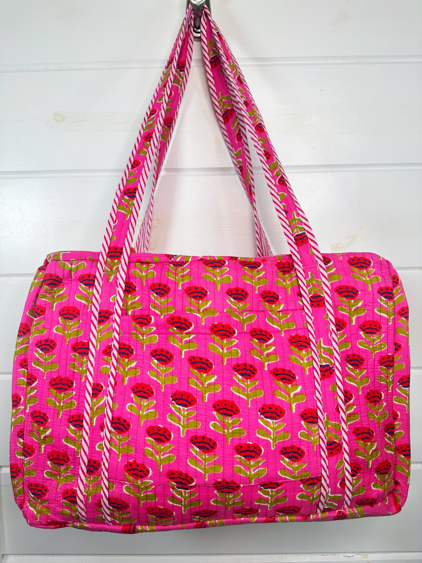 Hot Pink and Red Floral Print Quilted Weekender Overnight Bag