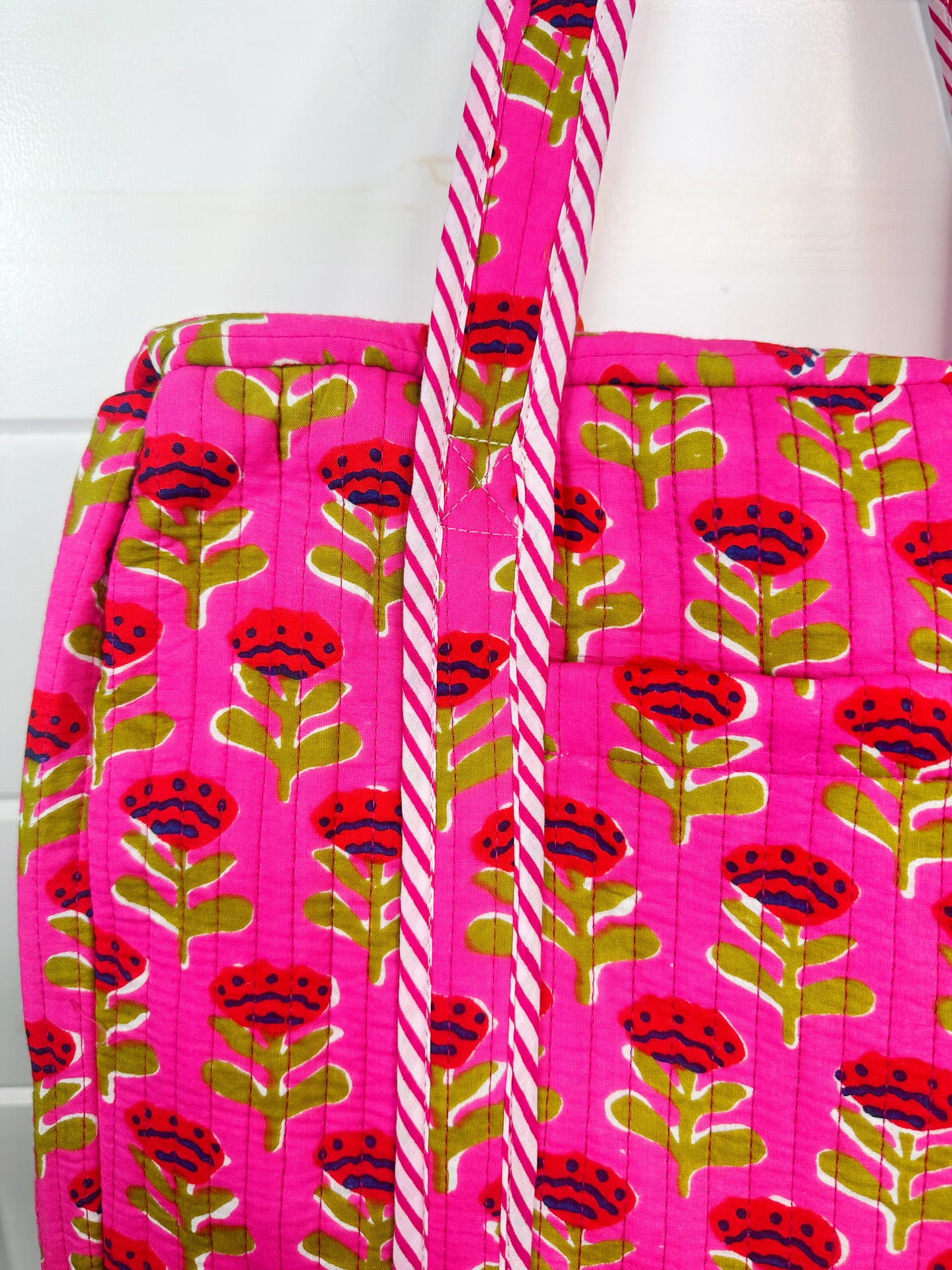 Hot Pink and Red Floral Print Quilted Weekender Overnight Bag