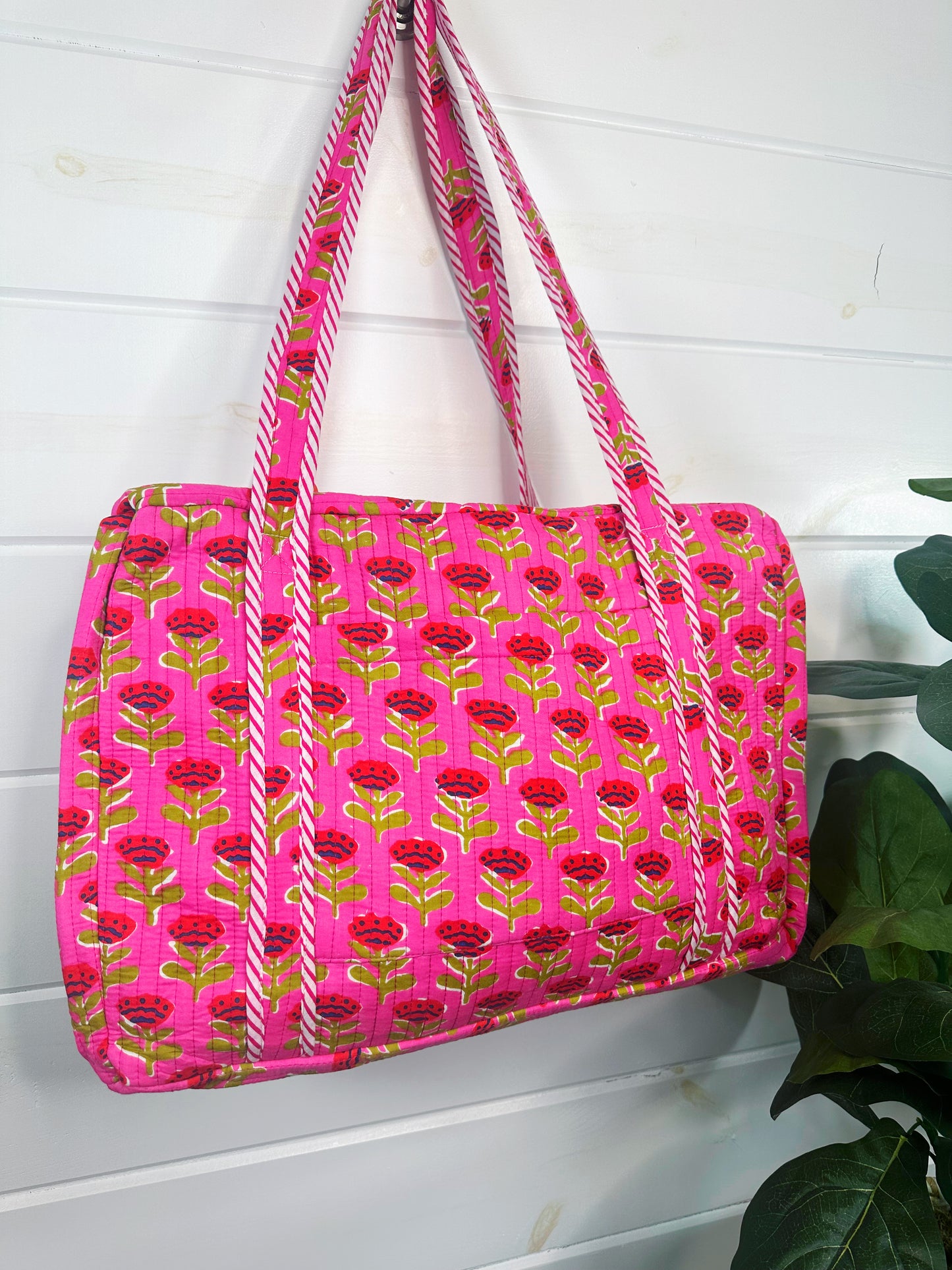 Hot Pink and Red Floral Print Quilted Weekender Overnight Bag