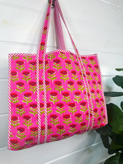 Hot Pink and Red Floral Print Quilted Cotton Tote Bag