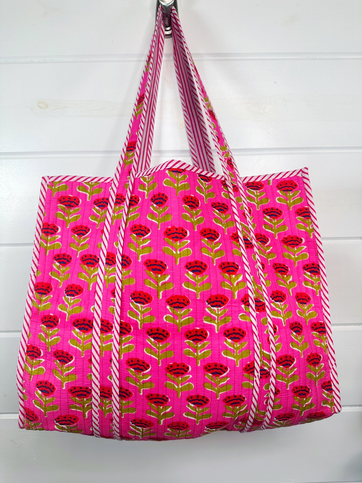 Hot Pink and Red Floral Print Quilted Cotton Tote Bag