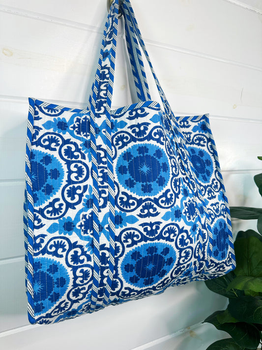 Blue and White Medallion Print Quilted Cotton Block Print Tote Bag