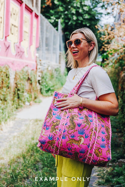 Pink Floral Print Quilted Cotton Reversible Large Tote Bag