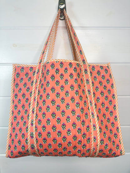 Coral Floral Print Quilted Cotton Reversible Large Tote Bag