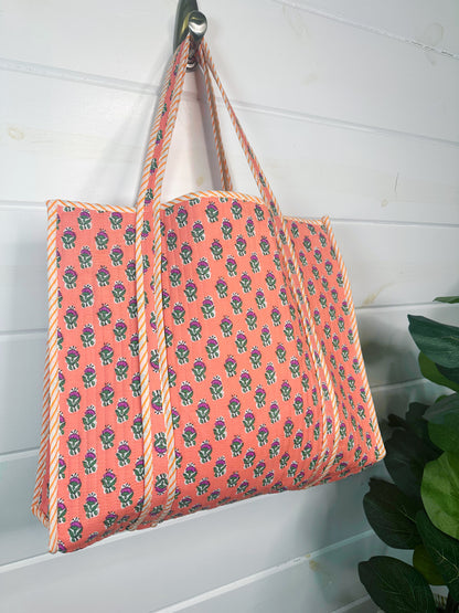 Coral Floral Print Quilted Cotton Reversible Large Tote Bag