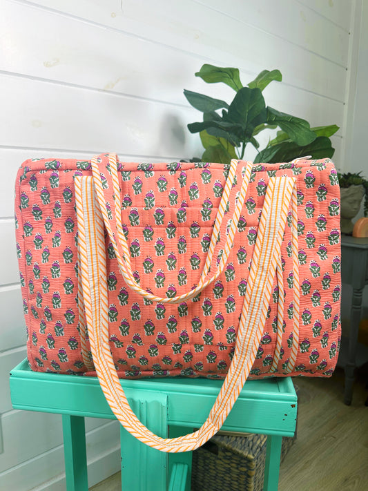 Coral Floral Block Print Quilted Weekender Overnight Bag