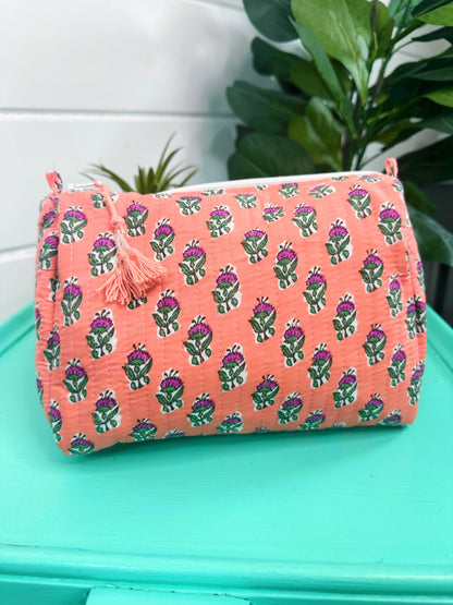 Coral Floral Block Print Quilted Makeup Cosmetics Toiletry Bag