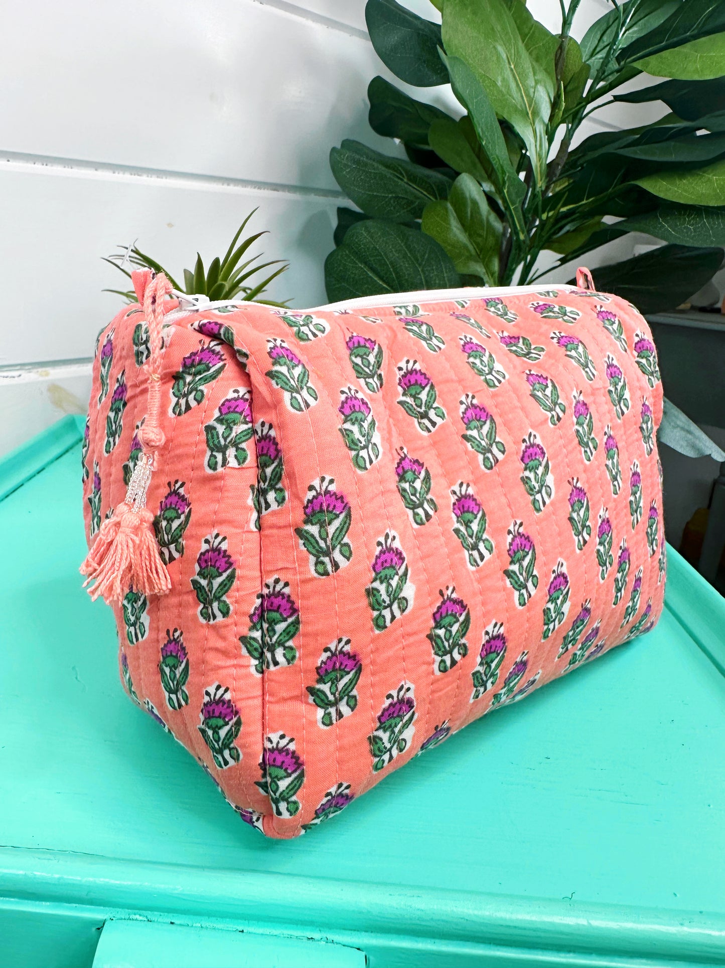 Coral Floral Block Print Quilted Makeup Cosmetics Toiletry Bag