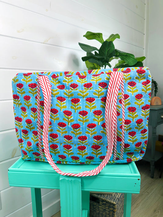 Blue and Red Floral Print Quilted Weekender Overnight Bag