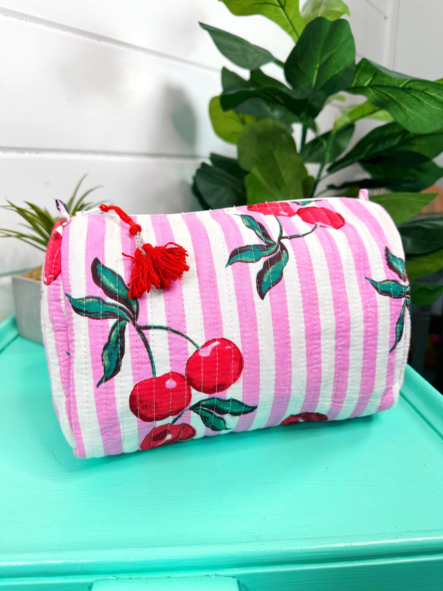 Pink Cherry Print Quilted Makeup Travel Cosmetics Toiletry Bag