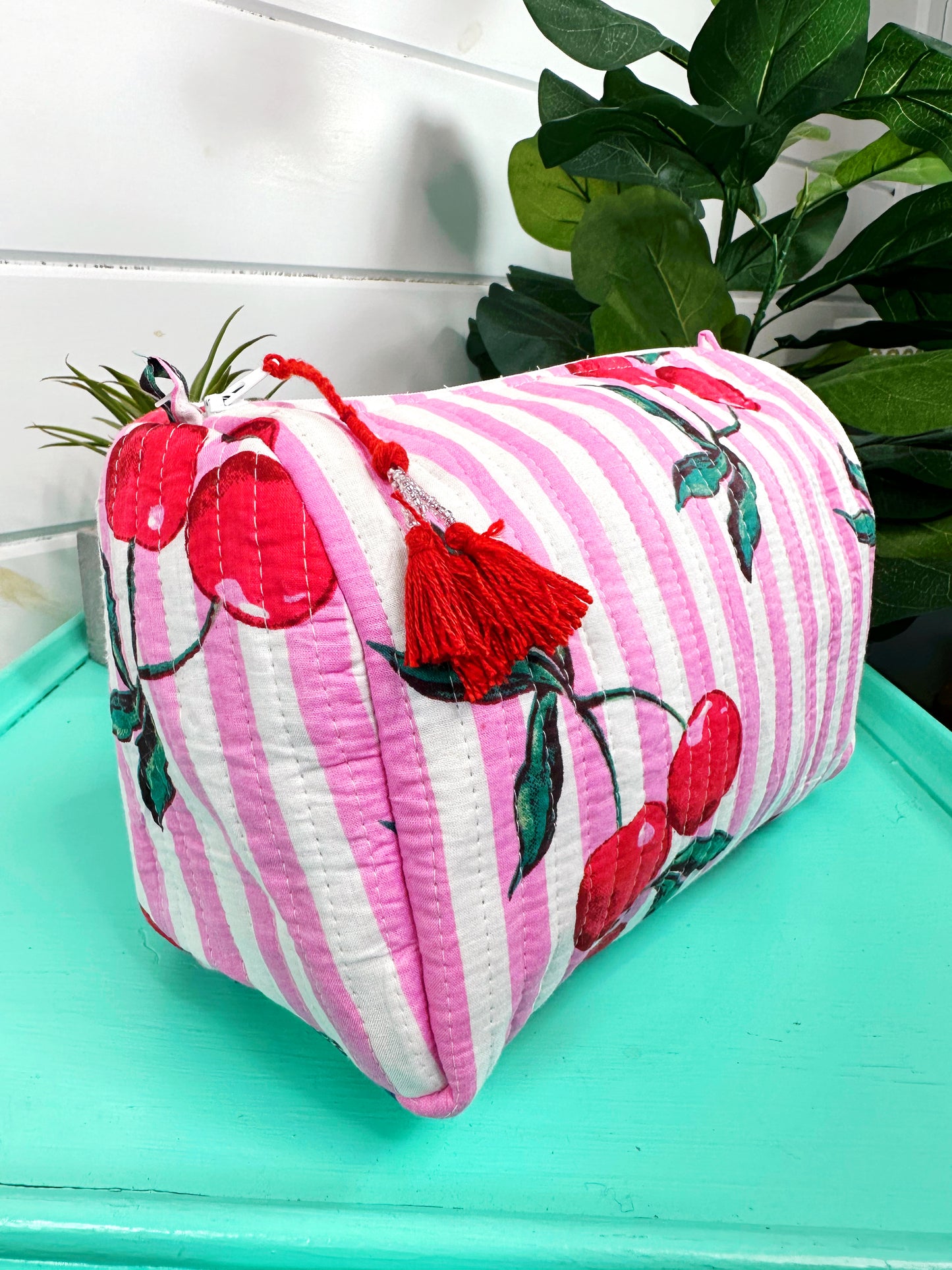 Pink Cherry Print Quilted Makeup Travel Cosmetics Toiletry Bag