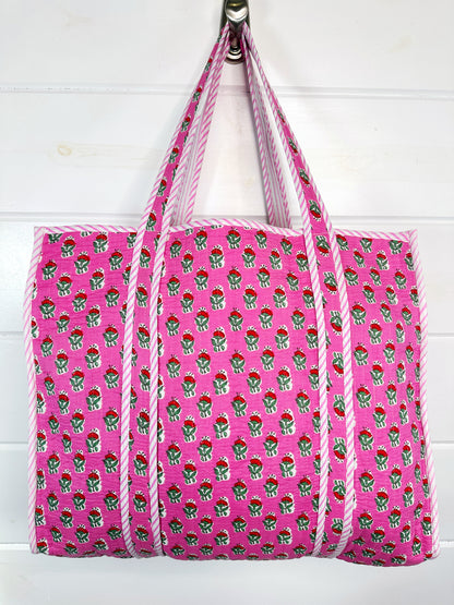 Pink Floral Print Quilted Cotton Reversible Large Tote Bag