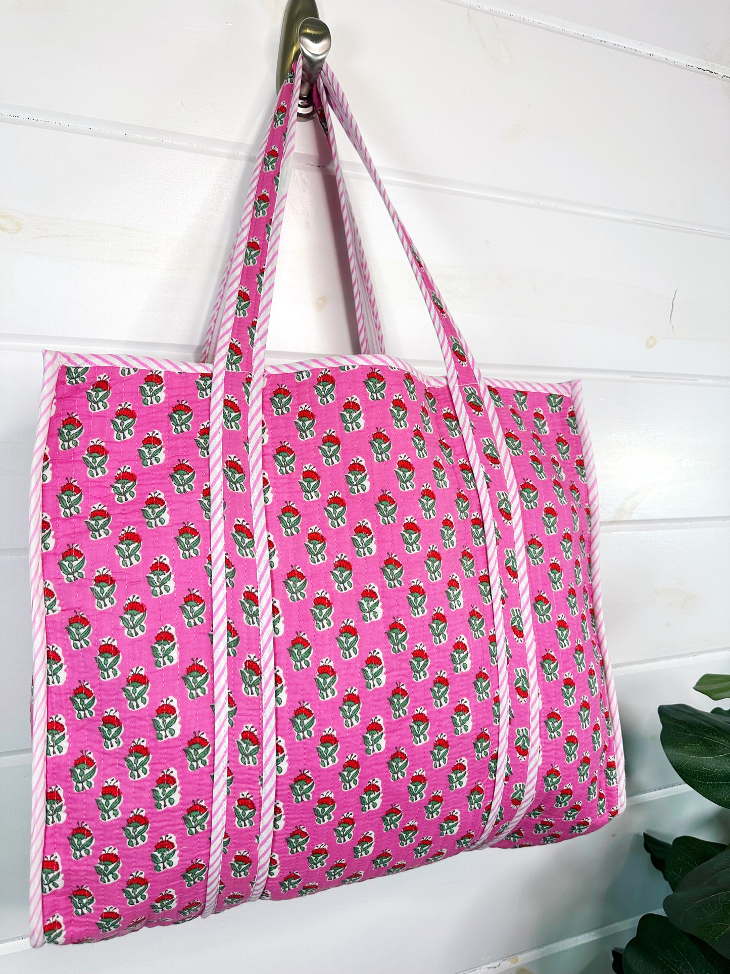 Pink Floral Print Quilted Cotton Reversible Large Tote Bag