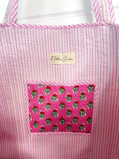 Pink Floral Print Quilted Cotton Reversible Large Tote Bag