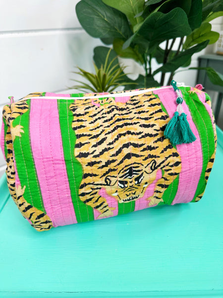 Green Pink Tiger Print Quilted Makeup Cosmetics Toiletry Bag