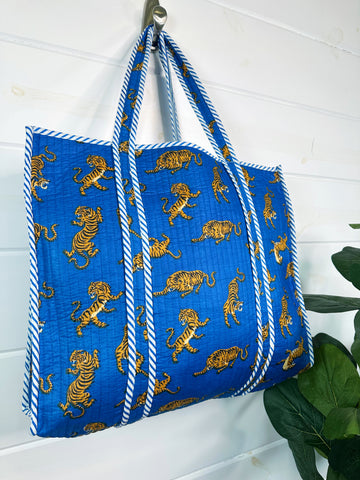 Blue Tiger Print Quilted Cotton Tote Bag