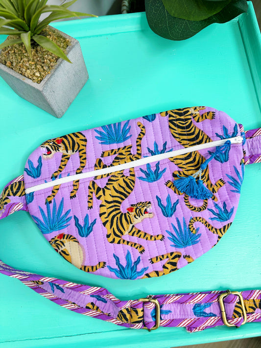 Purple Tiger Print Quilted Belt Bag Crossbody Sling Fanny Pack