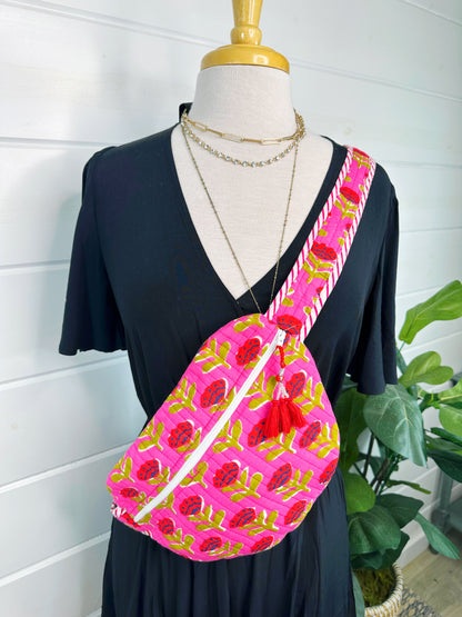 Hot Pink Floral Print Quilted Belt Bag Crossbody Sling Fanny Pack