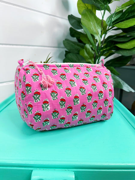 Pink and Red Floral Print Quilted Makeup Cosmetics Toiletry Bag