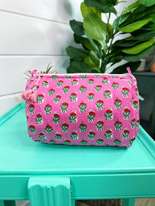 Pink and Red Floral Print Quilted Makeup Cosmetics Toiletry Bag