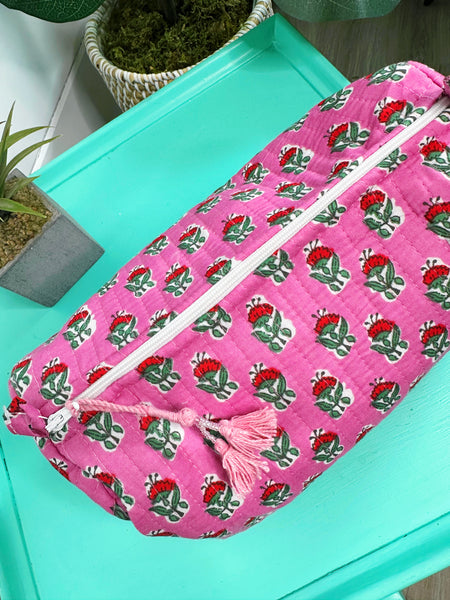 Pink and Red Floral Print Quilted Makeup Cosmetics Toiletry Bag