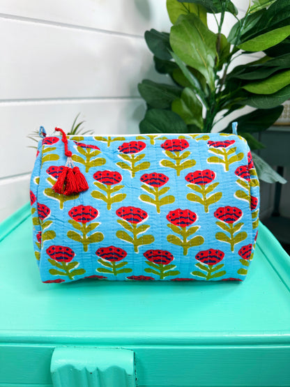 Blue and Red Floral Print Quilted Makeup Cosmetics Toiletry Bag