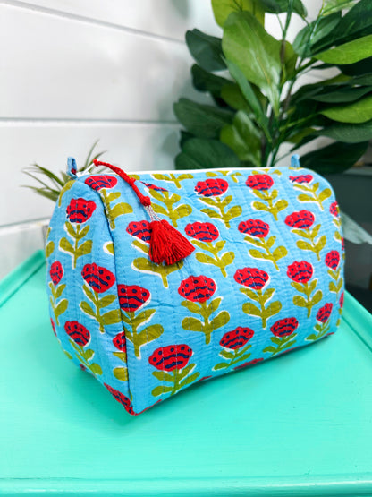 Blue and Red Floral Print Quilted Makeup Cosmetics Toiletry Bag