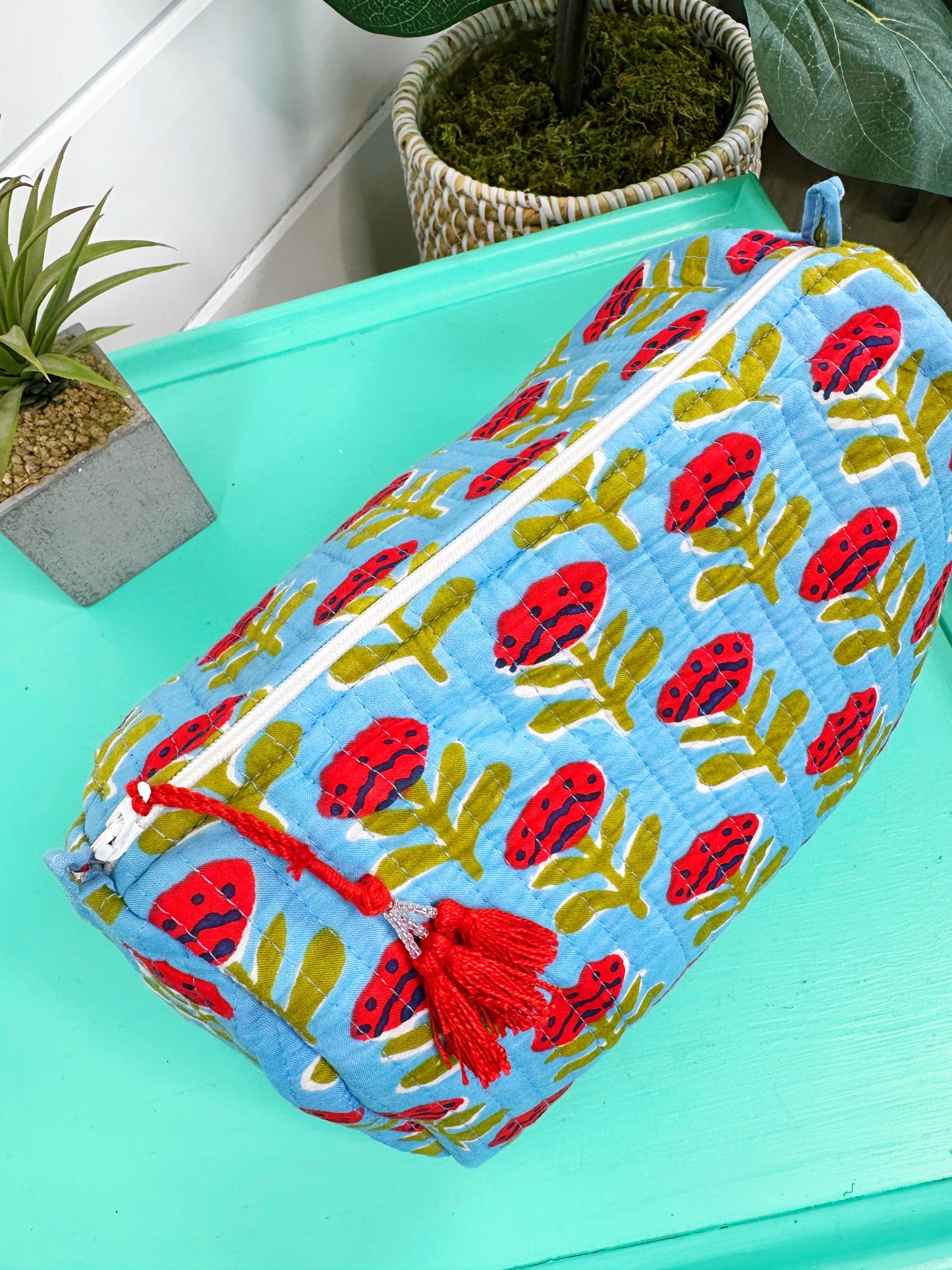 Blue and Red Floral Print Quilted Makeup Cosmetics Toiletry Bag