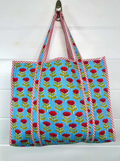 Blue and Red Floral Print Quilted Cotton Reversible Large Tote Bag