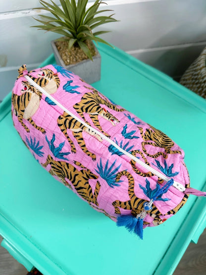 Light Pink Tiger Print Quilted Makeup Cosmetics Toiletry Bag